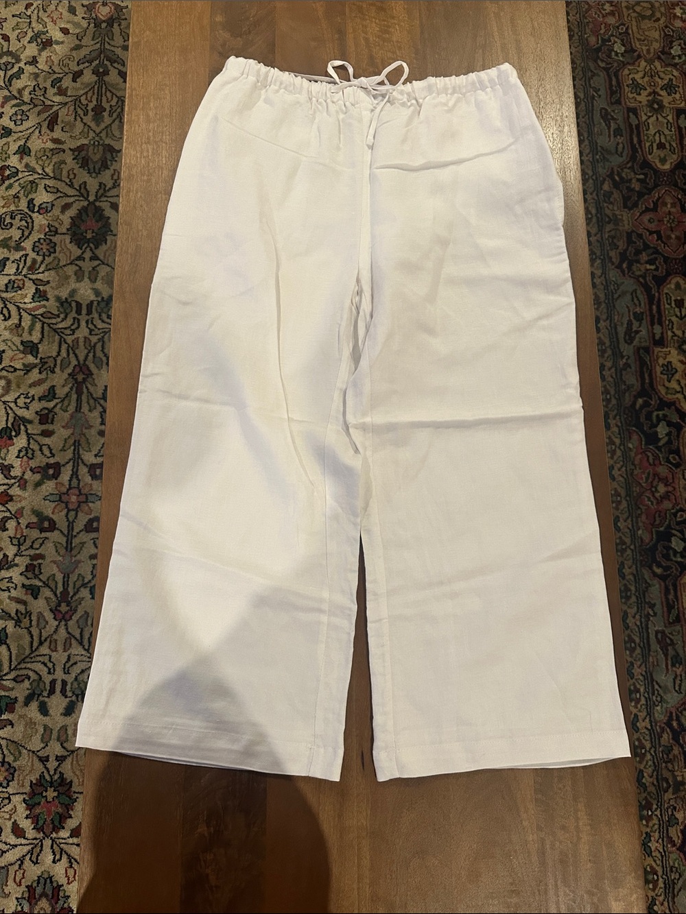 Lord & Taylor White Cropped Wide-Leg Drawstring Pants - linen blend